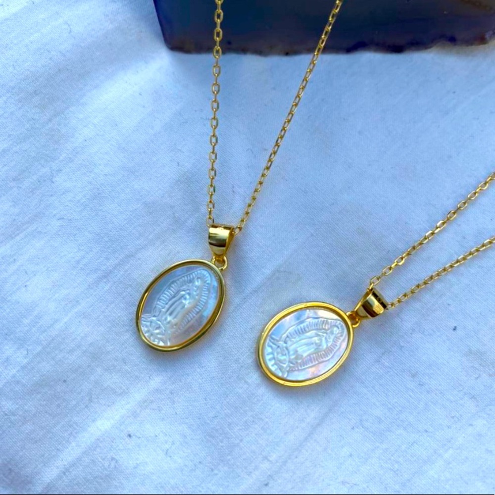 pearl and gold virgin mary necklace